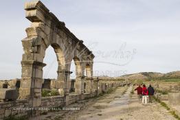 Image du Maroc Professionnelle de  Des touristes empruntent la voie principale (decumanus maximus) qui part depuis de l'arc de triomphe jusqu'à la porte de Tanger de l'ancienne ville romaine de Volubilis l'un des sites les mieux préservés au Maroc et le plus visité. La cité romaine se situe à proximité de Moulay Idriss Zerhoun à une trentaine de km au nord-ouest de Meknès, photo prise le jeudi 8 Mars 2012. Volubilis ville antique berbère Walili (Lauriers rose) qui date du 3e siècle avant J.-C. capitale du royaume de Maurétanie fondé comme seconde capital sous le règne de Juba II. (Photo / Abdeljalil Bounhar)
 